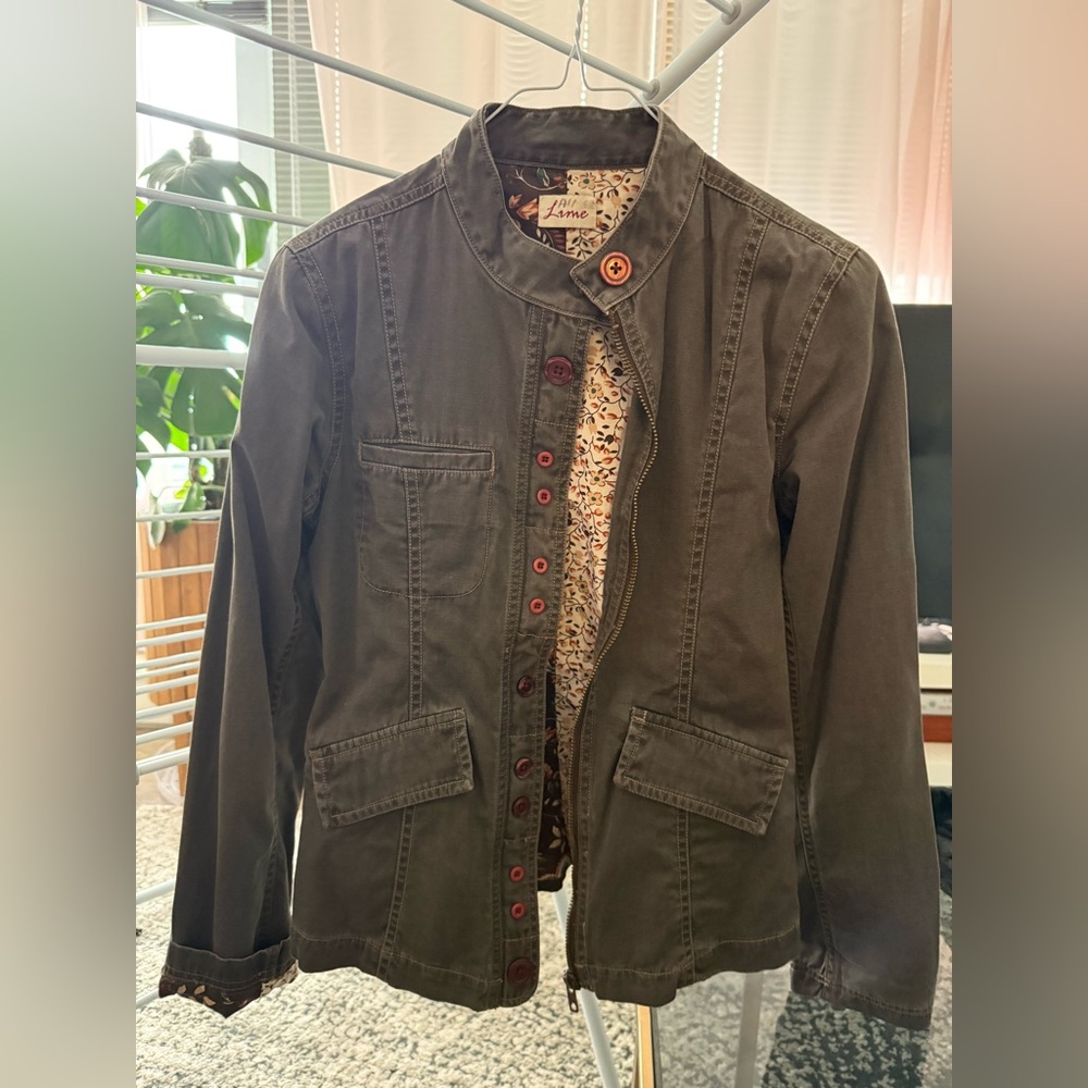 Luxe Dark Olive Utility Jacket with Red Button Details